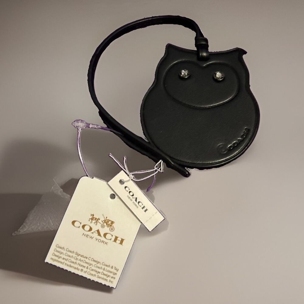 COACH Owl Black Leather Bag Charm Hang Tag Chain Rhinestone Eyes Holiday F34225